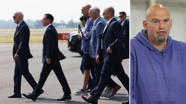 Fetterman stumbles through remarks with Biden, PA officials while wearing hoodie and shorts