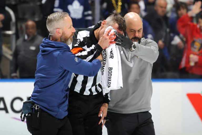 NHL referee leaves Game 7 after being hit in face by stick